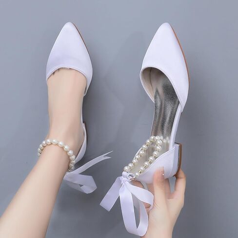 Women's Pearl Satin Wedding Shoes Pointed Toe Comfortable Bridal Flats Formal Prom Party Dress Pumps Ankle Strap Sandals in Saudi Arabia