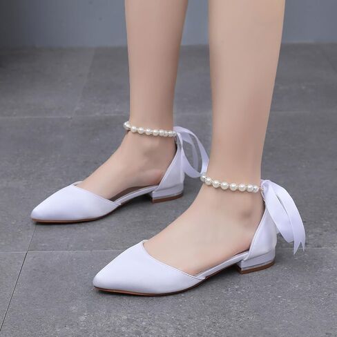 Women's Pearl Satin Wedding Shoes Pointed Toe Comfortable Bridal Flats Formal Prom Party Dress Pumps Ankle Strap Sandals in Saudi Arabia
