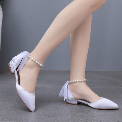 Women's Pearl Satin Wedding Shoes Pointed Toe Comfortable Bridal Flats Formal Prom Party Dress Pumps Ankle Strap Sandals in Saudi Arabia