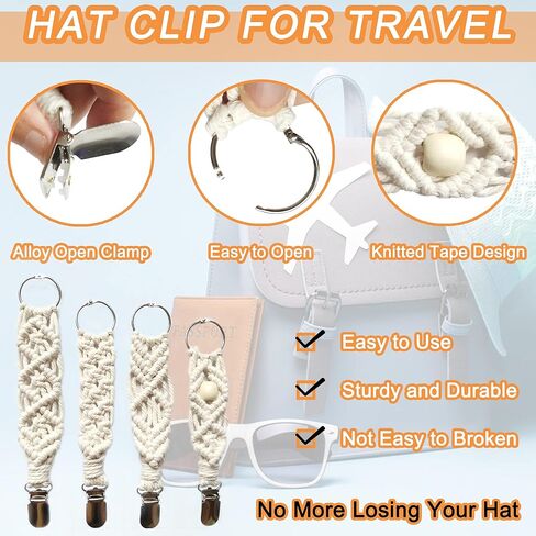 4 Pieces Women Hat Clips for Travel, Knitting Hat Clip for Handbag, Cap Anti-Lost Strap, Outdoor Travel Accessory Chains Hat Companion White, White, 0 in Kuwait