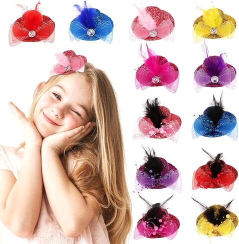 12 Pcs 4 Inch Tea Party Hats Hair Clips Mini Top Hat Fascinators Decorative Feather Mesh Bow Hair Barrette Hair Hairpin for Girls Women Feather Clip Tea Party Hair Accessories in Kuwait