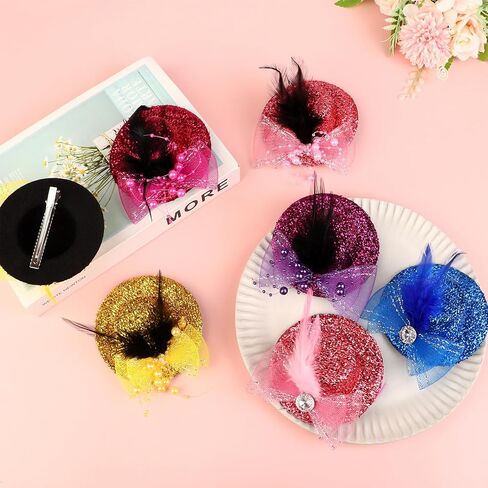 12 Pcs 4 Inch Tea Party Hats Hair Clips Mini Top Hat Fascinators Decorative Feather Mesh Bow Hair Barrette Hair Hairpin for Girls Women Feather Clip Tea Party Hair Accessories in Kuwait