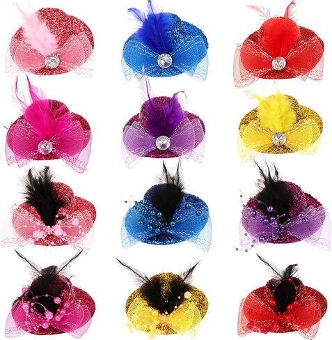 12 Pcs 4 Inch Tea Party Hats Hair Clips Mini Top Hat Fascinators Decorative Feather Mesh Bow Hair Barrette Hair Hairpin for Girls Women Feather Clip Tea Party Hair Accessories in Kuwait