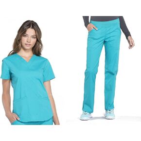 Women Scrubs Set Workwear Professionals WW665 V-Neck Top & WW170 Mid Rise Straight Leg Pull-on Cargo Pant, Teal Blue- S Top/S Pant in Saudi Arabia