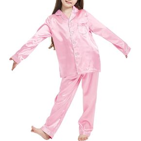 بيجامة JIM LEAGUE للفتيات من الساتان - أطقم بيجامات من الحرير للأطفال بأكمام قصيرة وأكمام طويلة وملابس نوم وملابس نوم 6-14 in Kuwait