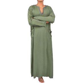 DAZCOS Men Muslim Kaftan Robe Long Sleeve Thobe Tunic Pilgrim Shirt with Pockets