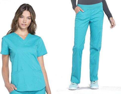 Women Scrubs Set Workwear Professionals WW665 V-Neck Top & WW170 Mid Rise Straight Leg Pull-on Cargo Pant, Teal Blue- S Top/S Pant in Saudi Arabia
