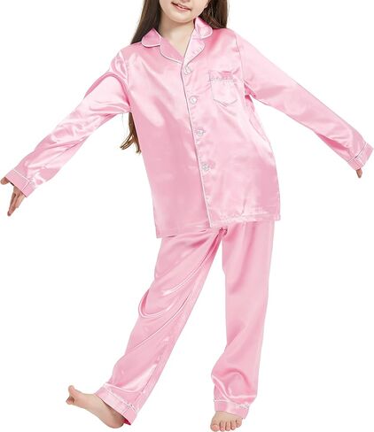 بيجامة JIM LEAGUE للفتيات من الساتان - أطقم بيجامات من الحرير للأطفال بأكمام قصيرة وأكمام طويلة وملابس نوم وملابس نوم 6-14 in Kuwait