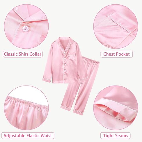 بيجامة JIM LEAGUE للفتيات من الساتان - أطقم بيجامات من الحرير للأطفال بأكمام قصيرة وأكمام طويلة وملابس نوم وملابس نوم 6-14 in Kuwait