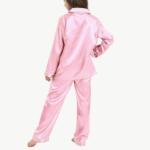 بيجامة JIM LEAGUE للفتيات من الساتان - أطقم بيجامات من الحرير للأطفال بأكمام قصيرة وأكمام طويلة وملابس نوم وملابس نوم 6-14 in Kuwait