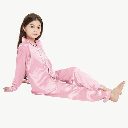 بيجامة JIM LEAGUE للفتيات من الساتان - أطقم بيجامات من الحرير للأطفال بأكمام قصيرة وأكمام طويلة وملابس نوم وملابس نوم 6-14 in Kuwait