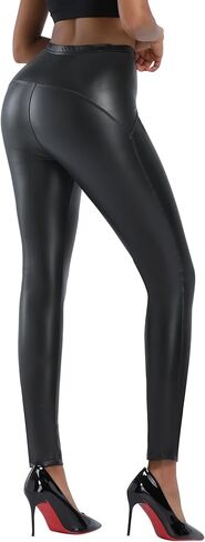 Black Faux Leather Leggings for Women High Waisted Stretch Butt Lift Fleece Lined Pleather Pants in Kuwait