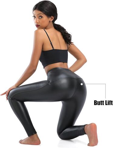 Black Faux Leather Leggings for Women High Waisted Stretch Butt Lift Fleece Lined Pleather Pants in Kuwait