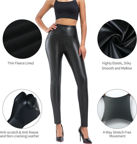 Black Faux Leather Leggings for Women High Waisted Stretch Butt Lift Fleece Lined Pleather Pants in Kuwait