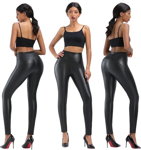 Black Faux Leather Leggings for Women High Waisted Stretch Butt Lift Fleece Lined Pleather Pants in Kuwait