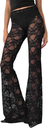 Sunloudy Women Lace Bell Pant Sexy See Through Flare Bottom Leggings Hollow Out Mesh Cover Up Trousers in Saudi Arabia