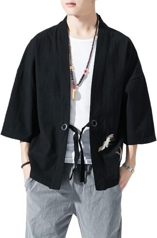 Men's Japanese Kimono Cardigan Loose Cotton Linen 3/4 Sleeve Open Front Casual Summer Shirt Jackets in Saudi Arabia