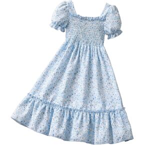 SOLY HUX Girl's Ditsy Floral Puff Short Sleeve A Line Midi Dress Ruffle Hem Square Neck Flared Swing Summer Dresses in Saudi Arabia
