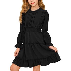 BesserBay Girl's Fall Long Puff Sleeve Tiered Dress Smocked Pleated Ruffle Trim Outfits Dress 5-14 Years in Kuwait
