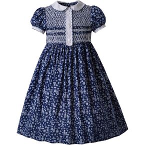 Pettigirl Girls Smocked Dress Vitange Blue Daisy Floral Pattern