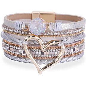 Yecomsy Heart Leather Wrap Bracelets Bohemian Multilayer Heart Bangle Bracelet Heart Stackable Leather Cuff Bracelet Jewelry for Women Girls