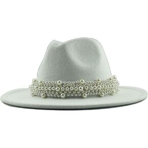 قبعة فيدورا النسائية العصرية ذات حافة واسعة من اللباد بنما الكلاسيكية مع شريط من اللؤلؤ in Kuwait