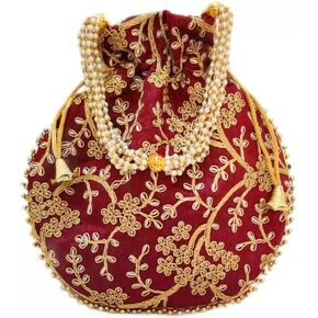 Potli Bag For Women Ethnic Designer Embroidery Work Batwa Pearls Handle With Intricate in Kuwait