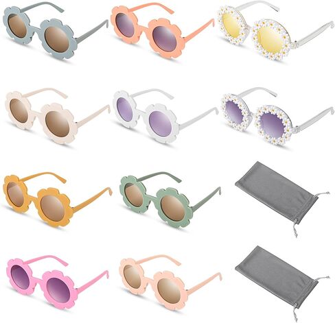 AllReal 12 Pieces Round Flower Sunglasses Kids Cute Spring Summer Daisy Shaped Sunglasses with Velvet Bags for Girls Boy Easter Party Supplies, Fresh Color, Medium in Kuwait