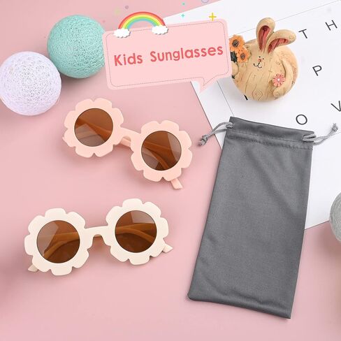 AllReal 12 Pieces Round Flower Sunglasses Kids Cute Spring Summer Daisy Shaped Sunglasses with Velvet Bags for Girls Boy Easter Party Supplies, Fresh Color, Medium in Kuwait