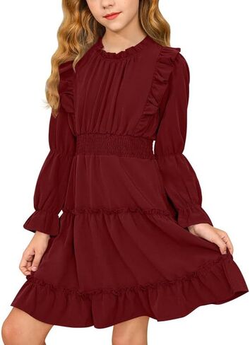 BesserBay Girl's Fall Long Puff Sleeve Tiered Dress Smocked Pleated Ruffle Trim Outfits Dress 5-14 Years in Saudi Arabia