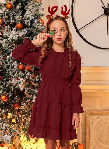 BesserBay Girl's Fall Long Puff Sleeve Tiered Dress Smocked Pleated Ruffle Trim Outfits Dress 5-14 Years in Saudi Arabia