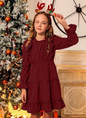BesserBay Girl's Fall Long Puff Sleeve Tiered Dress Smocked Pleated Ruffle Trim Outfits Dress 5-14 Years in Saudi Arabia
