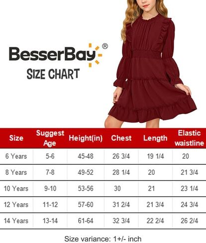 BesserBay Girl's Fall Long Puff Sleeve Tiered Dress Smocked Pleated Ruffle Trim Outfits Dress 5-14 Years in Saudi Arabia