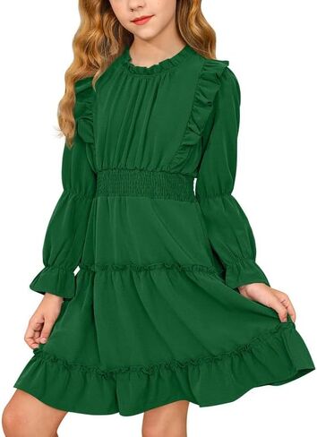 BesserBay Girl's Fall Long Puff Sleeve Tiered Dress Smocked Pleated Ruffle Trim Outfits Dress 5-14 Years in Saudi Arabia