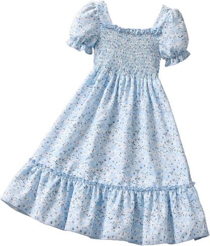 SOLY HUX Girl's Ditsy Floral Puff Short Sleeve A Line Midi Dress Ruffle Hem Square Neck Flared Swing Summer Dresses in Saudi Arabia