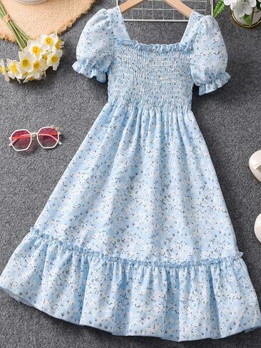 SOLY HUX Girl's Ditsy Floral Puff Short Sleeve A Line Midi Dress Ruffle Hem Square Neck Flared Swing Summer Dresses in Saudi Arabia