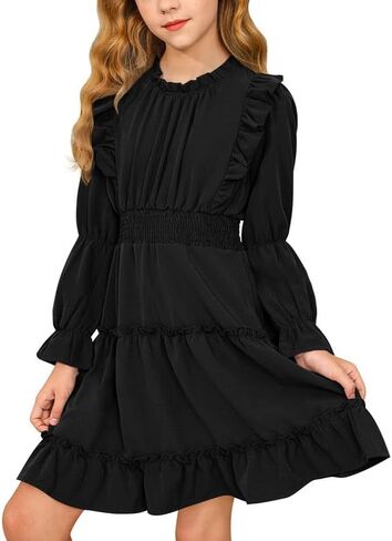BesserBay Girl's Fall Long Puff Sleeve Tiered Dress Smocked Pleated Ruffle Trim Outfits Dress 5-14 Years in Kuwait