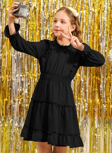 BesserBay Girl's Fall Long Puff Sleeve Tiered Dress Smocked Pleated Ruffle Trim Outfits Dress 5-14 Years in Kuwait