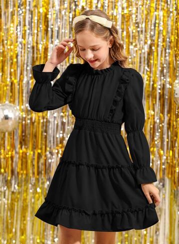 BesserBay Girl's Fall Long Puff Sleeve Tiered Dress Smocked Pleated Ruffle Trim Outfits Dress 5-14 Years in Kuwait