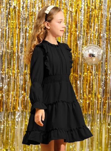 BesserBay Girl's Fall Long Puff Sleeve Tiered Dress Smocked Pleated Ruffle Trim Outfits Dress 5-14 Years in Kuwait