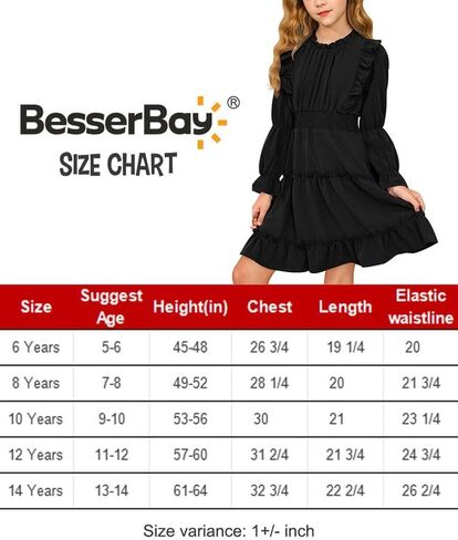 BesserBay Girl's Fall Long Puff Sleeve Tiered Dress Smocked Pleated Ruffle Trim Outfits Dress 5-14 Years in Kuwait