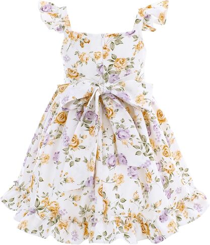 Flofallzique Floral Girls' Dress Summer Ruffle Flutter Sleeve Casual Tie Back Birtrhday Tea Party Toddler Boho Sundresses in Saudi Arabia
