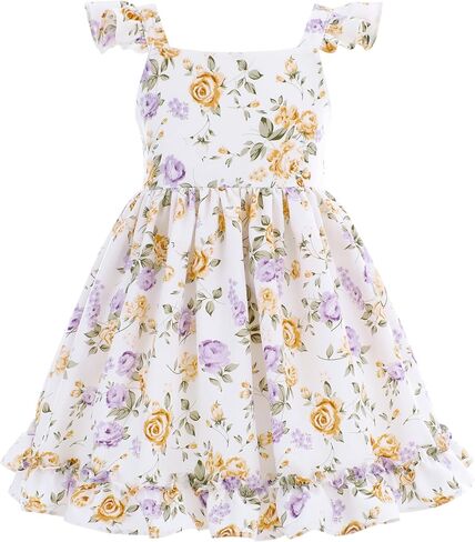 Flofallzique Floral Girls' Dress Summer Ruffle Flutter Sleeve Casual Tie Back Birtrhday Tea Party Toddler Boho Sundresses in Saudi Arabia