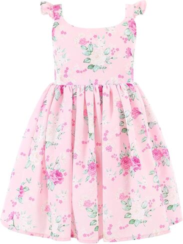 Flofallzique Floral Girls' Dress Summer Ruffle Flutter Sleeve Casual Tie Back Birtrhday Tea Party Toddler Boho Sundresses in Saudi Arabia