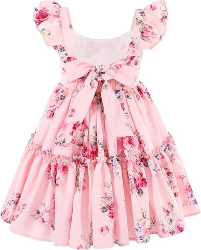 Flofallzique Floral Girls' Dress Summer Ruffle Flutter Sleeve Casual Tie Back Birtrhday Tea Party Toddler Boho Sundresses in Saudi Arabia