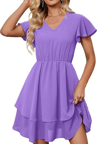 فساتين FAPPAREL بأكمام مكشكشة ورقبة على شكل حرف V فستان صيفي كاجوال للنساء ملابس ضيوف الزفاف in Kuwait