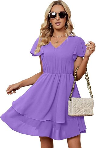 فساتين FAPPAREL بأكمام مكشكشة ورقبة على شكل حرف V فستان صيفي كاجوال للنساء ملابس ضيوف الزفاف in Kuwait