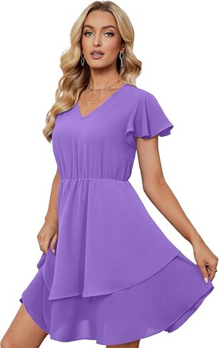 فساتين FAPPAREL بأكمام مكشكشة ورقبة على شكل حرف V فستان صيفي كاجوال للنساء ملابس ضيوف الزفاف in Kuwait