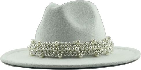 قبعة فيدورا النسائية العصرية ذات حافة واسعة من اللباد بنما الكلاسيكية مع شريط من اللؤلؤ in Kuwait