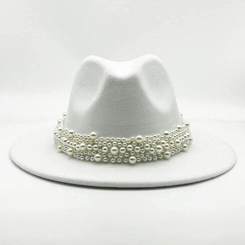 قبعة فيدورا النسائية العصرية ذات حافة واسعة من اللباد بنما الكلاسيكية مع شريط من اللؤلؤ in Kuwait